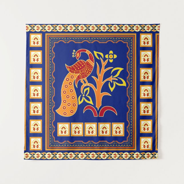 Seamless traditional indian border with peacock tapestry (Front)