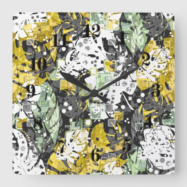 Seamless tropical jungle exotic abstract geometric square wall clock (Front)