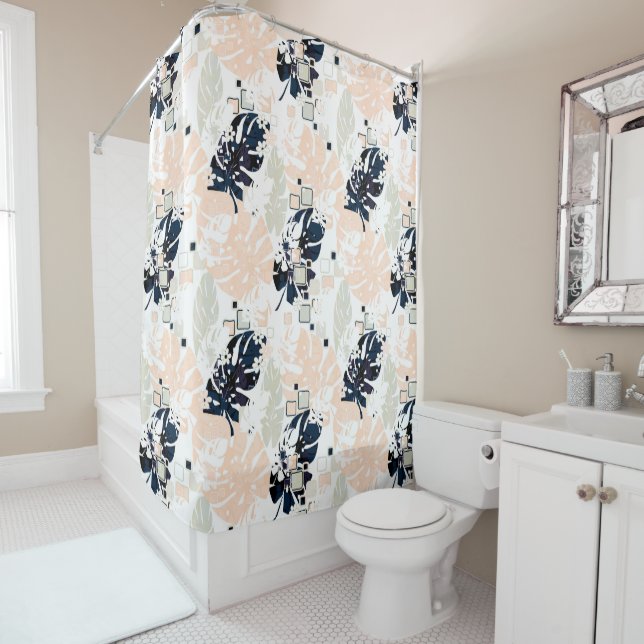 Seamless tropical jungle leaves monstera palm abst shower curtain (In Situ)