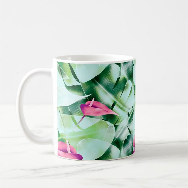 Seamless tropical leaves pattern background, retro coffee mug (Left)