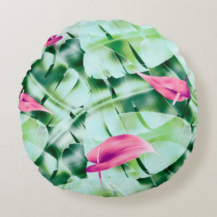 Seamless tropical leaves pattern background, retro round cushion