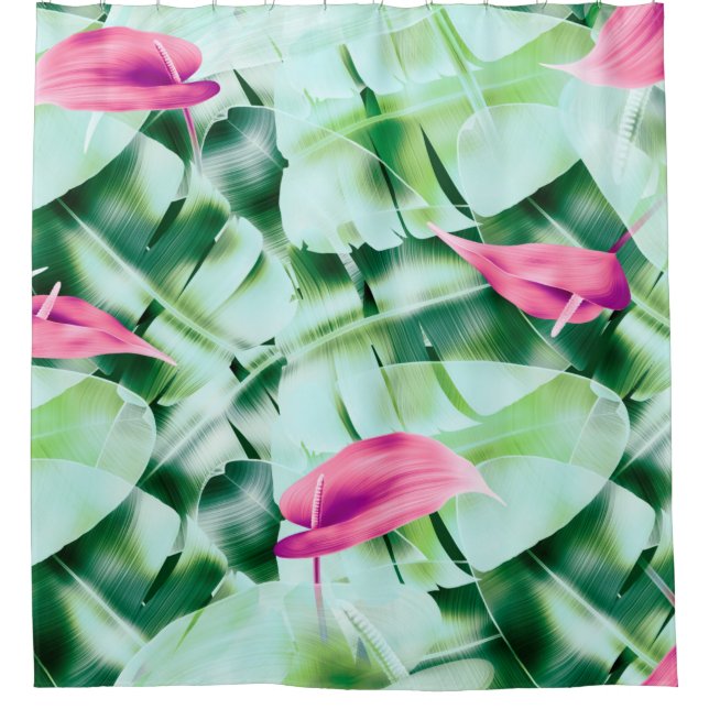 Seamless tropical leaves pattern background, retro shower curtain (Front)