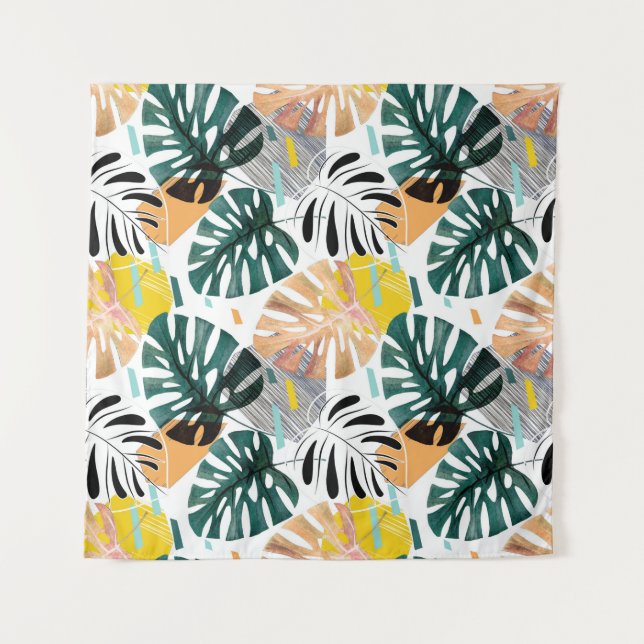 Seamless tropical pattern. Green leaves of a palm  Tapestry (Front)