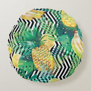 Seamless tropical pattern with bananas lemons palm round cushion