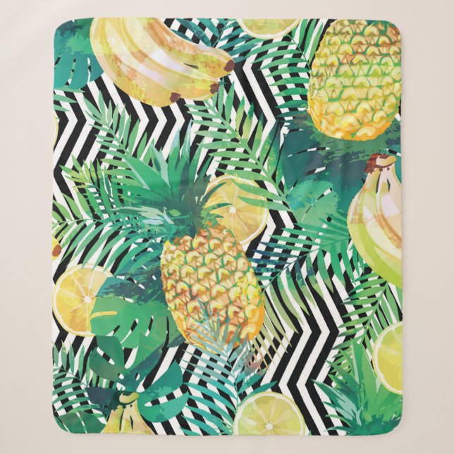 Seamless tropical pattern with bananas lemons palm sherpa blanket (Front)