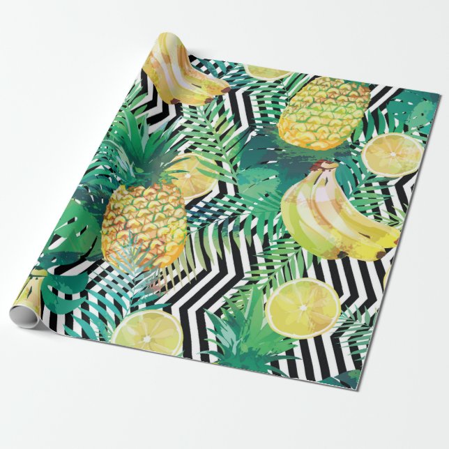 Seamless tropical pattern with bananas lemons palm wrapping paper (Unrolled)