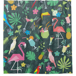 Seamless tropical pattern with birds and drinks 1 shower curtain