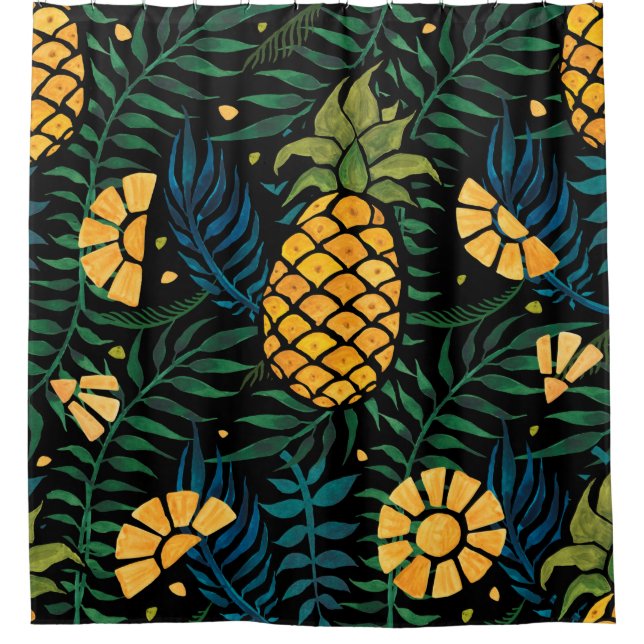 Seamless tropical pattern with pineapples and palm shower curtain (Front)