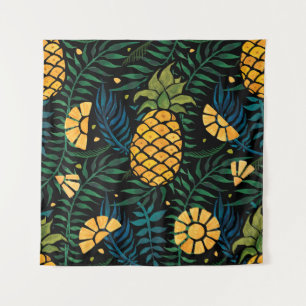 Seamless tropical pattern with pineapples and palm tapestry
