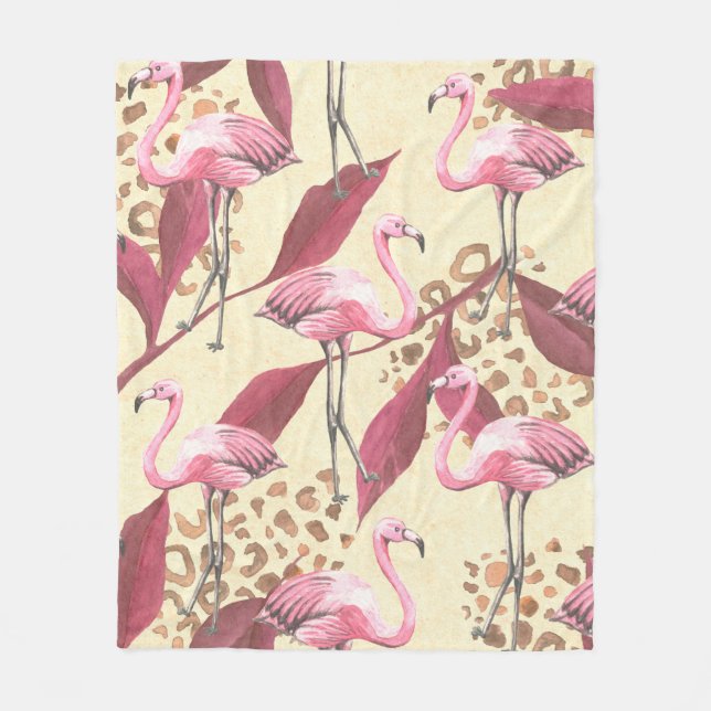 Seamless tropical pattern with pink flamingo, leav fleece blanket (Front)