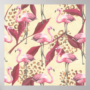 Seamless tropical pattern with pink flamingo, leav poster