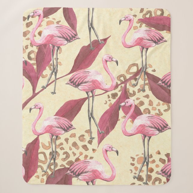 Seamless tropical pattern with pink flamingo, leav sherpa blanket (Front)