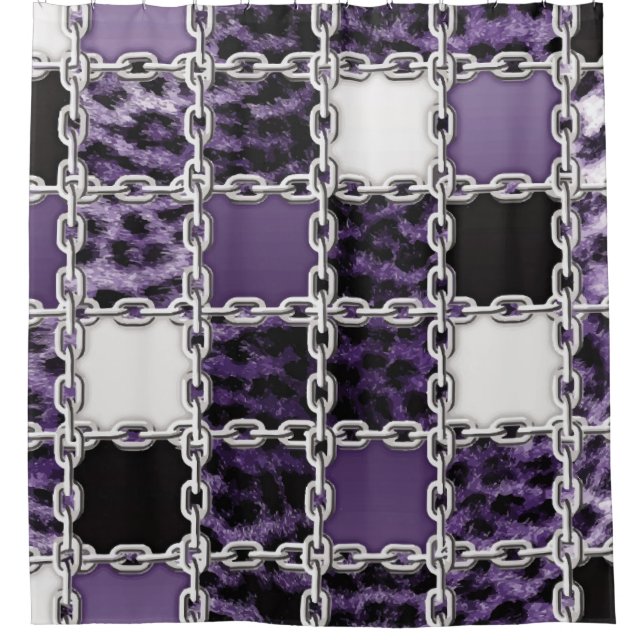 Seamless ultraviolet leopard and silver chain patt shower curtain (Front)