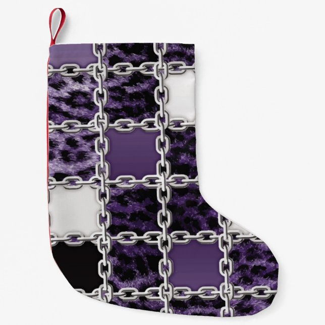 Seamless ultraviolet leopard and silver chain patt small christmas stocking (Front)