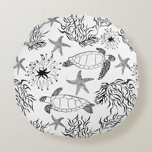 Seamless underwater sea ocean turtle plants coral round cushion (Front)