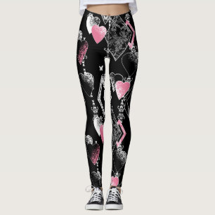 Seamless Valentines Day love black pattern hearts Leggings