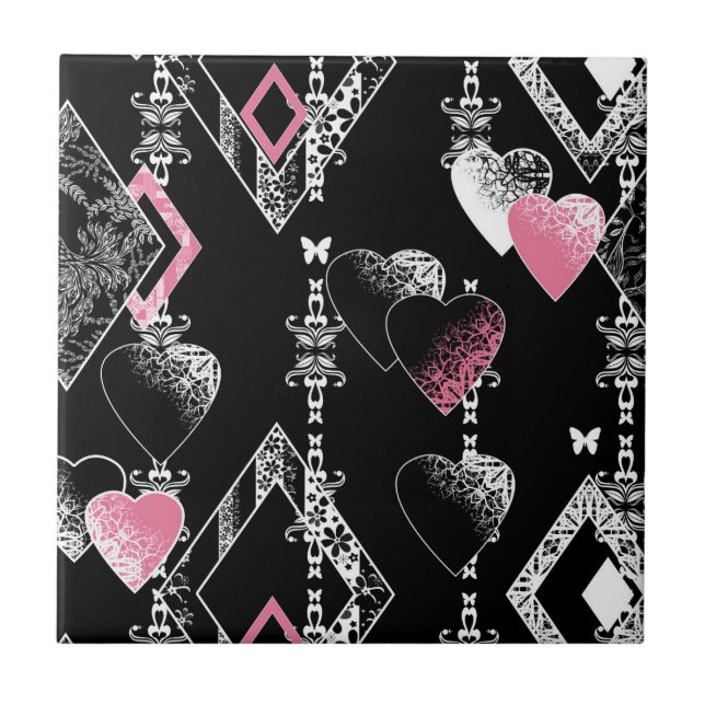 Seamless Valentines Day love black pattern hearts Tile (Front)