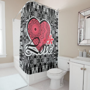 Seamless Valentine's Day Love grey white red patte Shower Curtain