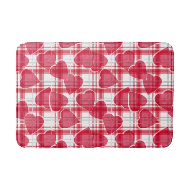 Seamless Valentines Day red hearts chequered plaid Bath Mat (Front)