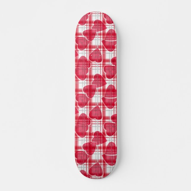 Seamless Valentines Day red hearts chequered plaid Skateboard (Front)