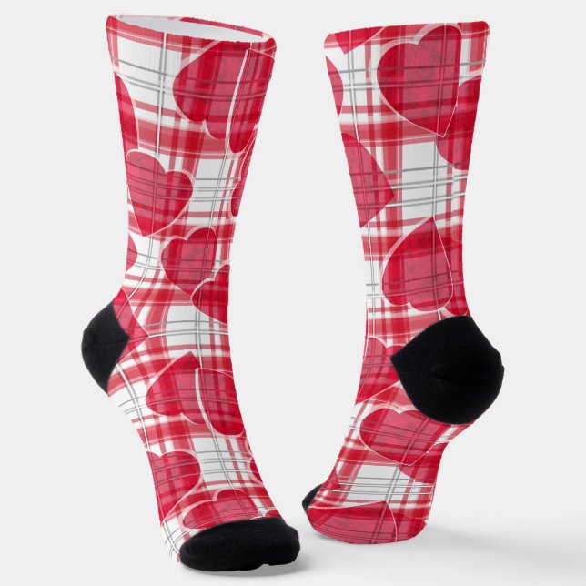 Seamless Valentines Day red hearts chequered plaid Socks (Angled)