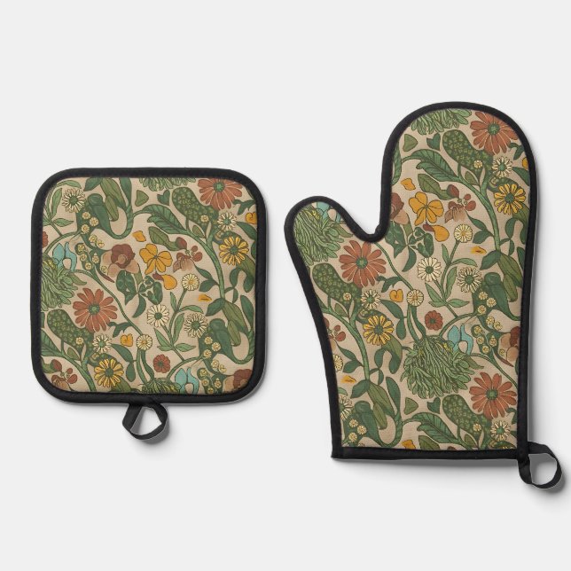 Seamless vintage botanical pattern  oven mitt & pot holder set (Front)