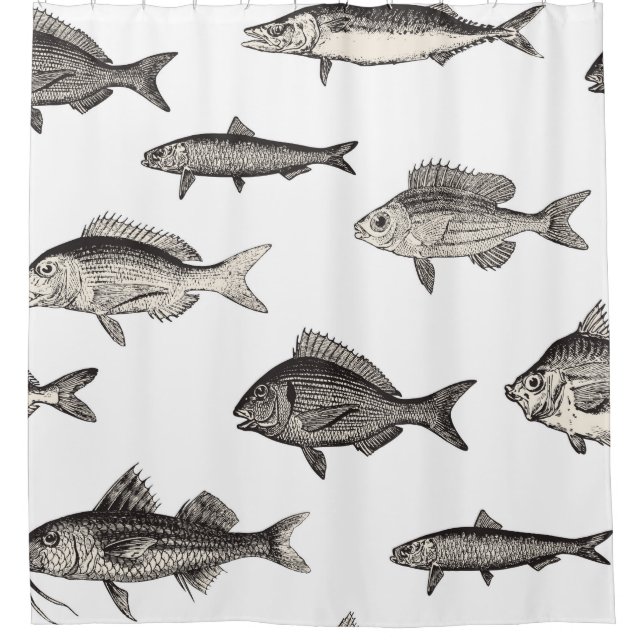 Seamless vintage fish patternvintage, fish, patter shower curtain (Front)