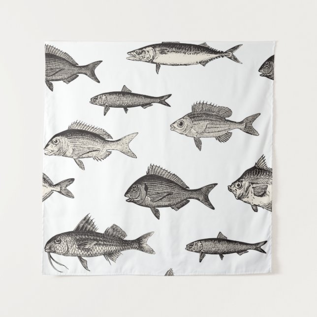 Seamless vintage fish patternvintage, fish, patter tapestry (Front)