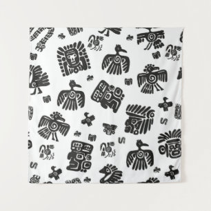 Seamless vintage maya pattern. Black and white eth Tapestry