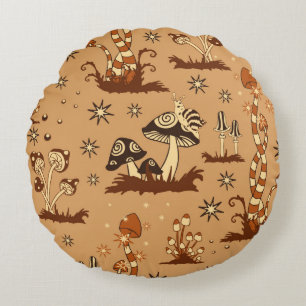 Seamless Vintage pattern with brown mushrooms on b Round Cushion