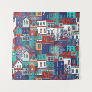 Seamless vintage pattern with colorful houses tapestry