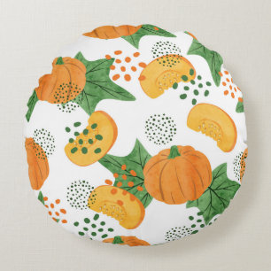 Seamless vintage watercolor pumpkin pattern. Veget Round Cushion