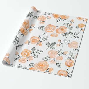 Seamless watercolor and ink pattern with roses and wrapping paper