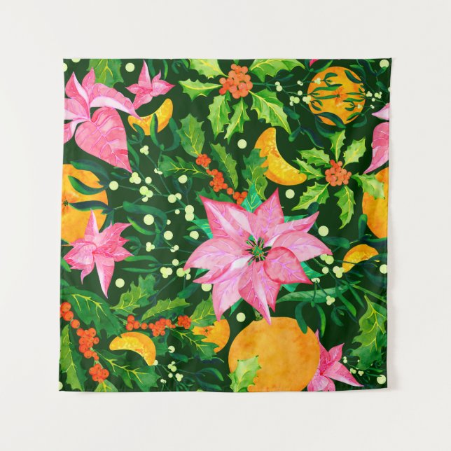 Seamless watercolor Christmas pattern with poinset Tapestry (Front)