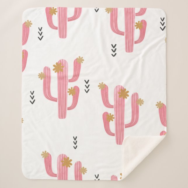 Seamless watercolor flowering cactus pattern. Vint Sherpa Blanket (Front)