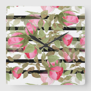Seamless watercolor flowers pink roses floral roma square wall clock