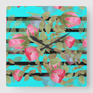 Seamless watercolor flowers pink roses floral roma square wall clock