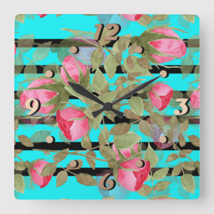 Seamless watercolor flowers pink roses floral roma square wall clock