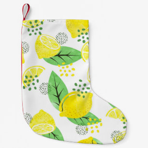 Seamless watercolor lemon pattern with fruits and small christmas stocking