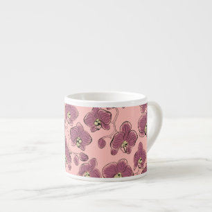 Seamless watercolor orchids phalaenopsis flowers w espresso cup