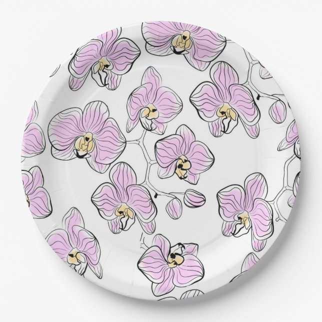 Seamless watercolor orchids phalaenopsis flowers w paper plate (Front)