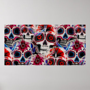 Seamless watercolor pattern of sugar skulls.  poster