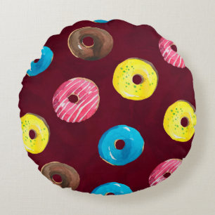 Seamless watercolor pattern with doughnuts on ruby round cushion