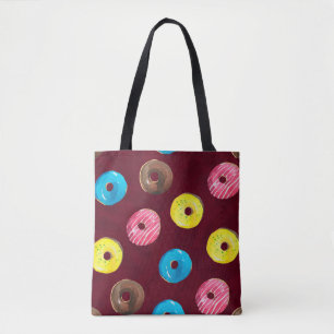 Seamless watercolor pattern with doughnuts on ruby tote bag