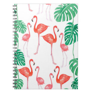 Seamless watercolor pattern with flamingo family w notebook