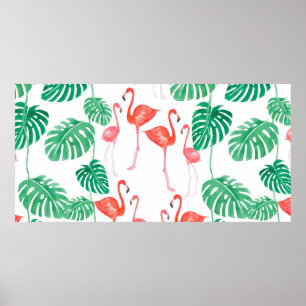 Seamless watercolor pattern with flamingo family w poster