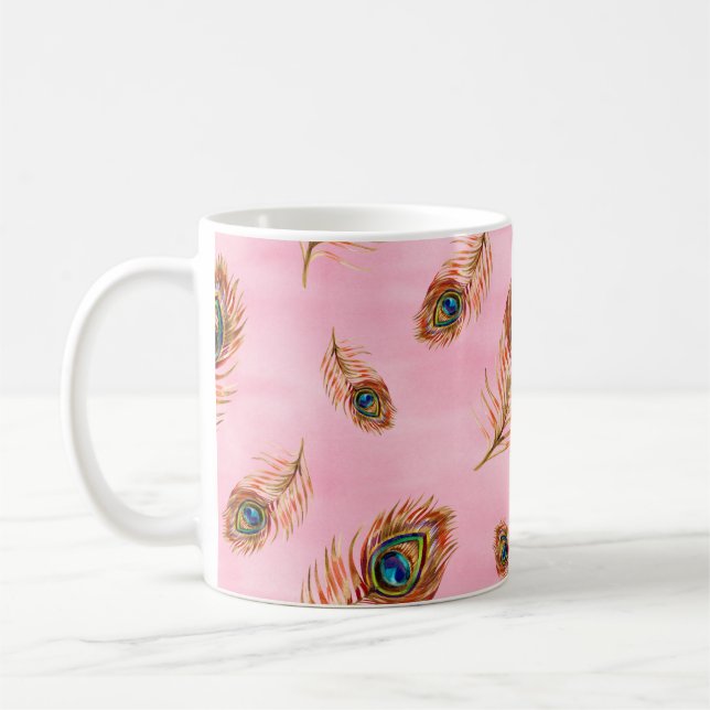 Seamless watercolor pattern with gold peacock feat coffee mug (Left)