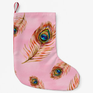 Seamless watercolor pattern with gold peacock feat small christmas stocking