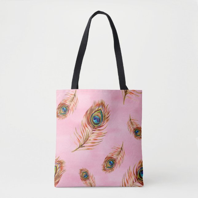 Seamless watercolor pattern with gold peacock feat tote bag (Front)