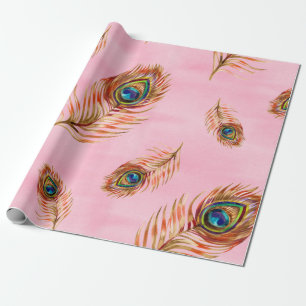 Seamless watercolor pattern with gold peacock feat wrapping paper